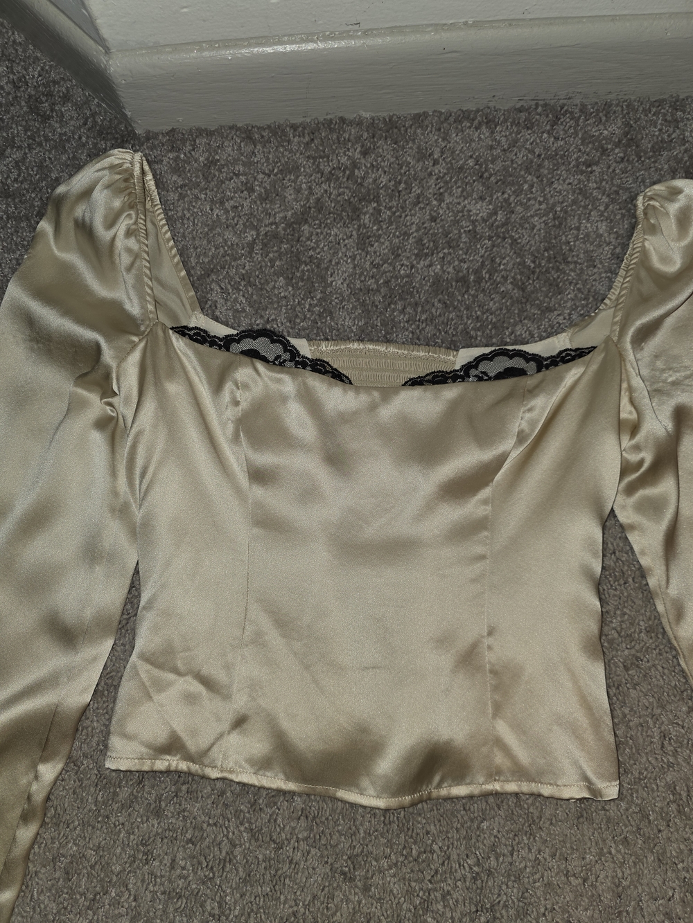 Reformation Cream Silk Blouse with Contrast Lace Trim - Picture 3 of 16